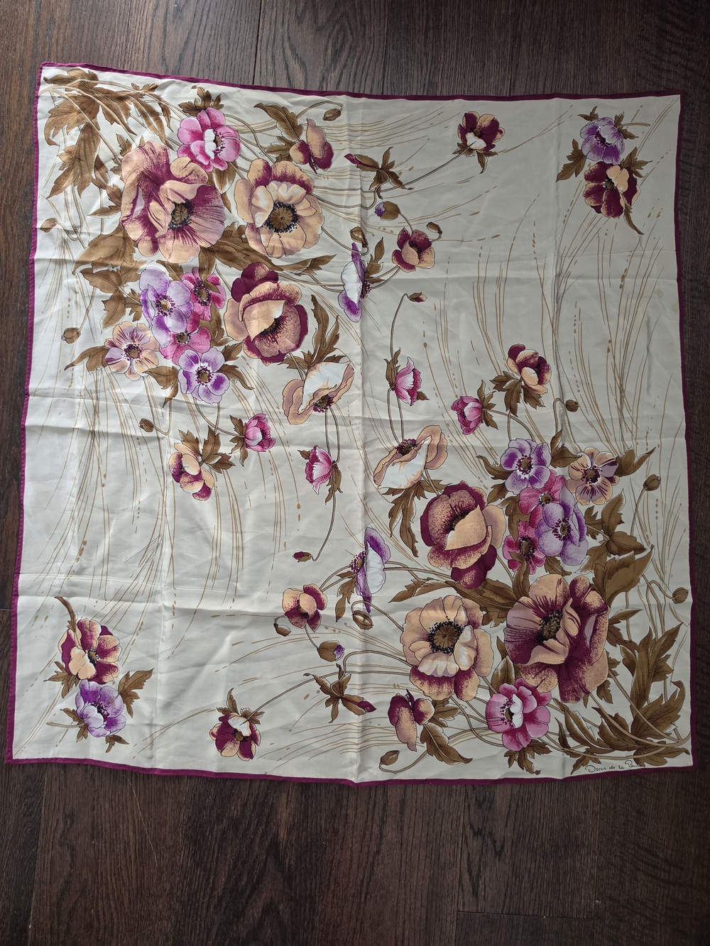 Oscar de la Renta Cream Throw with Pink and Brown Floral Accents 100% Silk